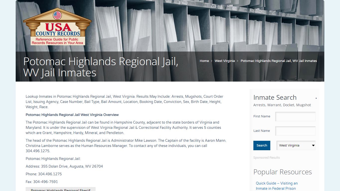 Potomac Highlands Regional Jail, WV Jail Inmates | Name Search